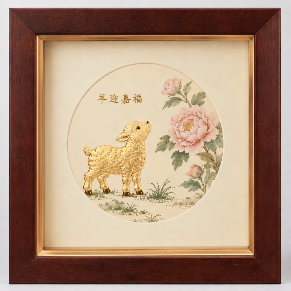羊迎嘉福装框作品，金色羊饰与牡丹花纹